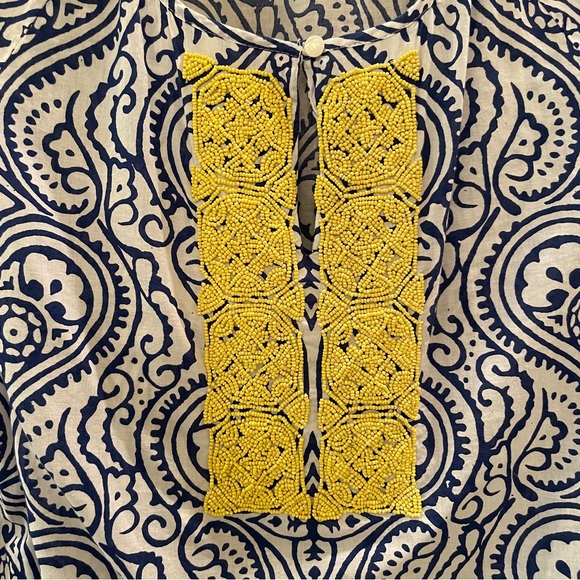 Talbots Blue Yellow White Beaded V-neck Tunic Top Size M Adjustable Sleeve - Picture 6 of 17